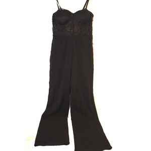 NWT Blashe Women LG Black Lace Sheer Bustier Corset Wide Leg Party Pant Jumpsuit